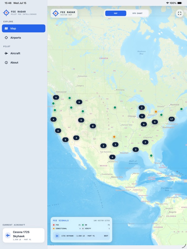Fee Radar airport fee map on iPad