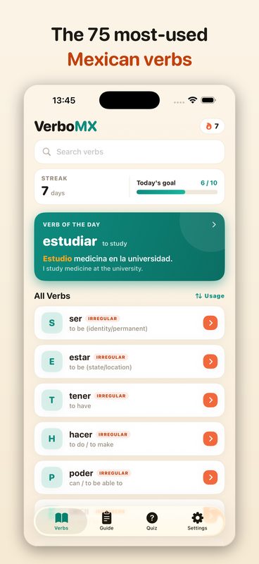 VerboMX verb list and Verb of the Day on iPhone